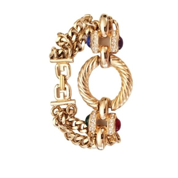 Gold Tone Clear Rhinestone Cab Dual Chain Ribbed Rope Center 8"Long Bracelet L54 - Picture 8 of 10